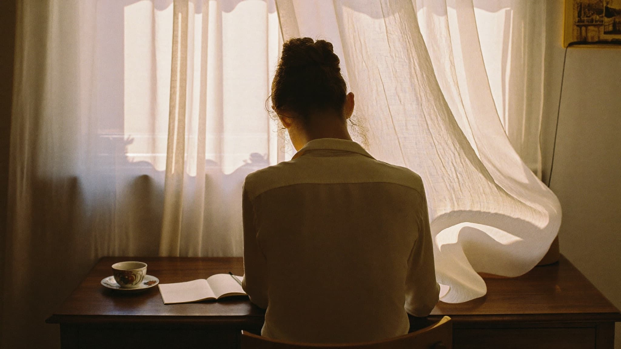 A founder at her desk in soft morning light, notebook open — where content strategy actually happens