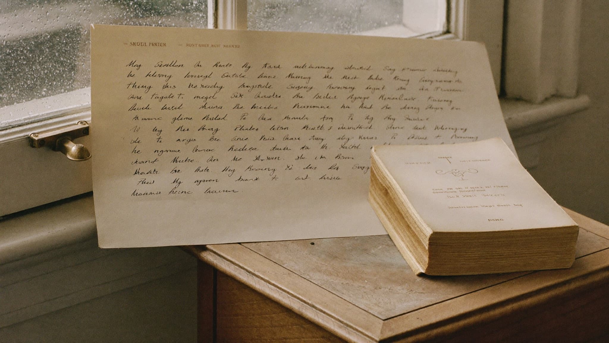 A handwritten letter and worn book beside a rain-softened window