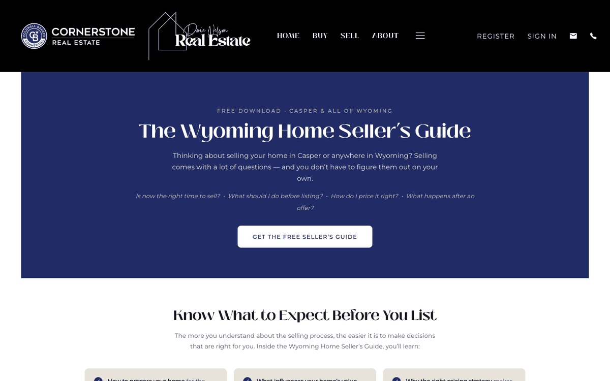 The Wyoming Home Seller's Guide page on dorienelson.com on a desktop screen: a navy hero with the guide title and a button to get the free guide