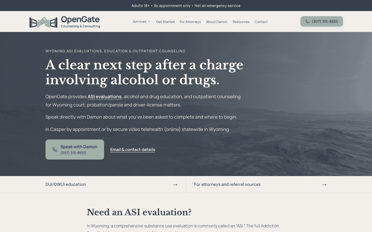 The damonlaird.com home page on a desktop screen: a headline about the next step after a charge involving alcohol or drugs, with a phone number button
