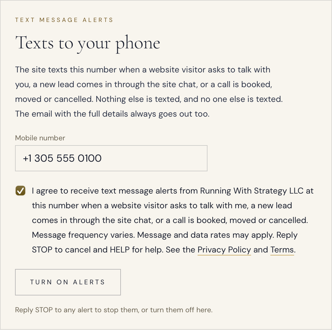 The Text message alerts card on the admin settings page: a mobile number field, the consent checkbox with the disclosure, and the Turn on alerts button.